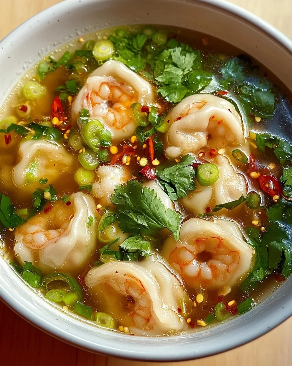 Aromatische Garnelen Dumpling Suppe mit frischem Pak Choi