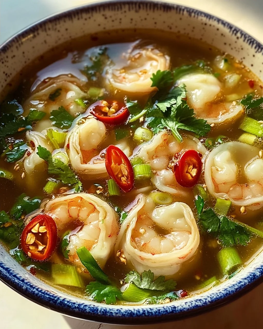 Aromatische Garnelen Dumpling Suppe mit frischem Pak Choi
