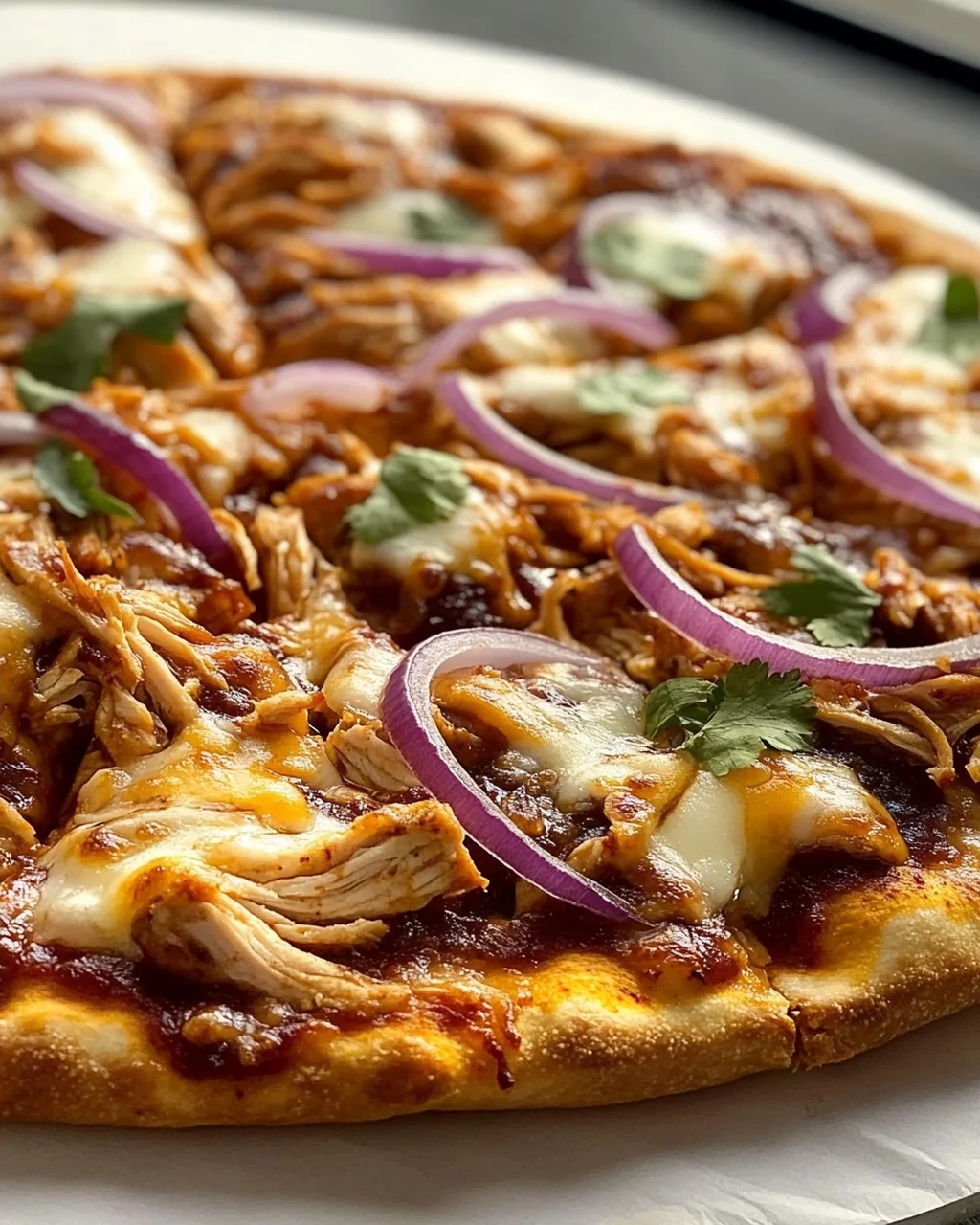 BBQ Hähnchen Pizza: Knusprig & würzig mit roten Zwiebeln
