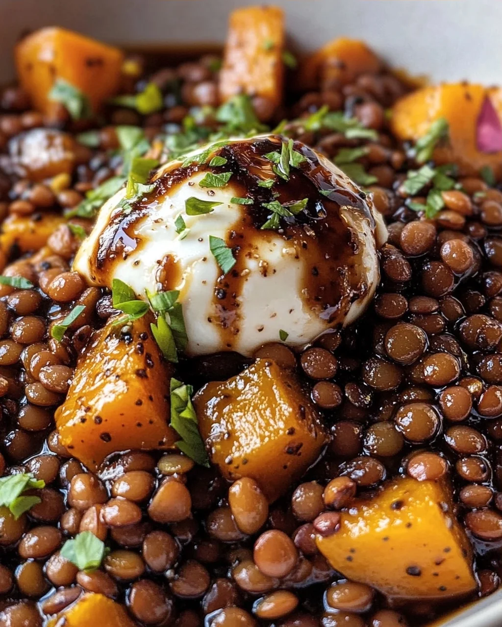 Balsamico Linsen mit geröstetem Hokkaido-Kürbis und Burrata
