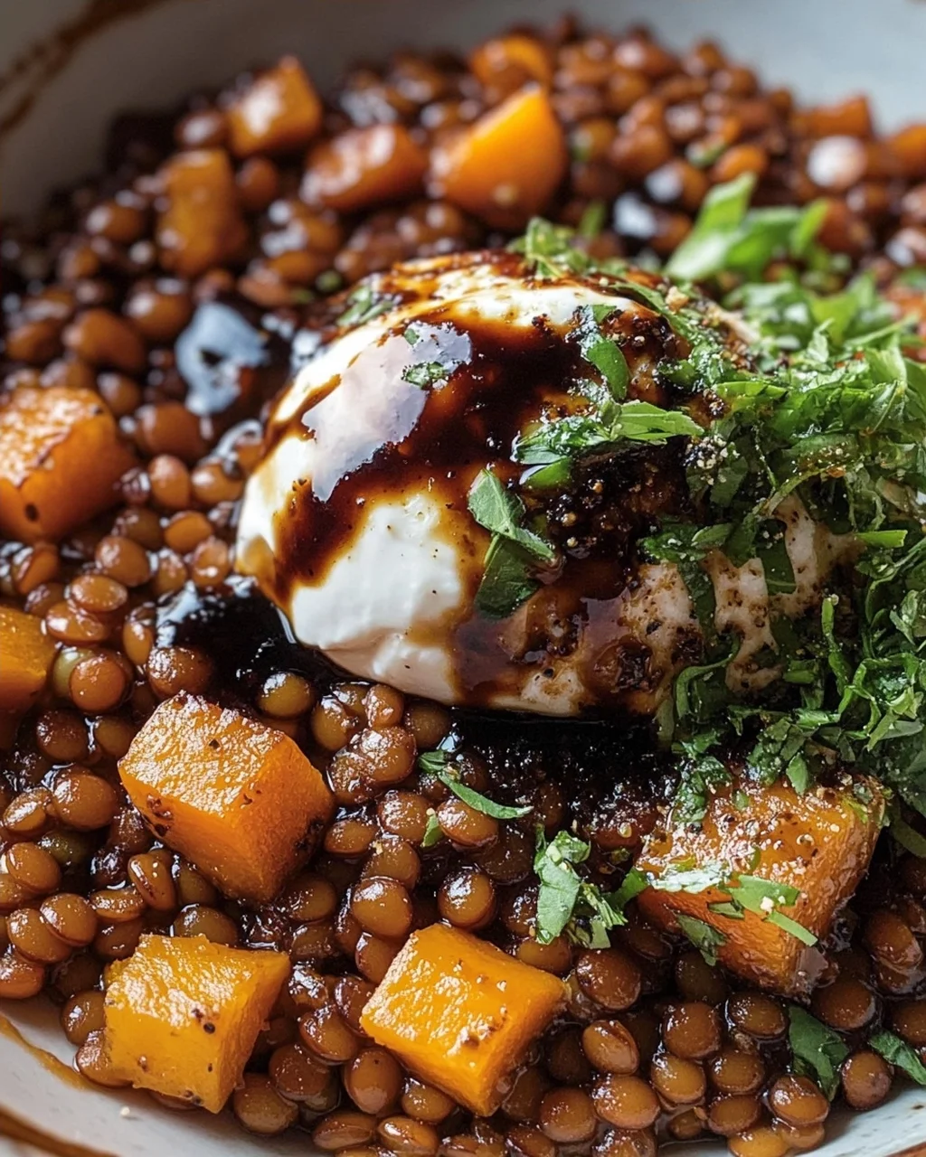Balsamico Linsen mit geröstetem Hokkaido-Kürbis und Burrata