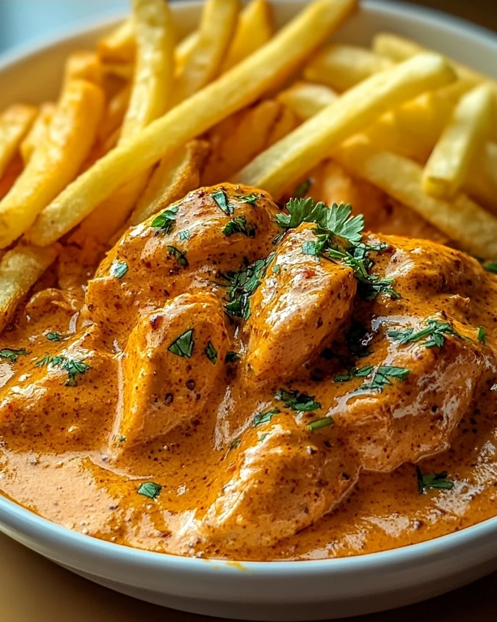 Butter Chicken mit Knoblauchsauce und Pommes – Lecker genießen!