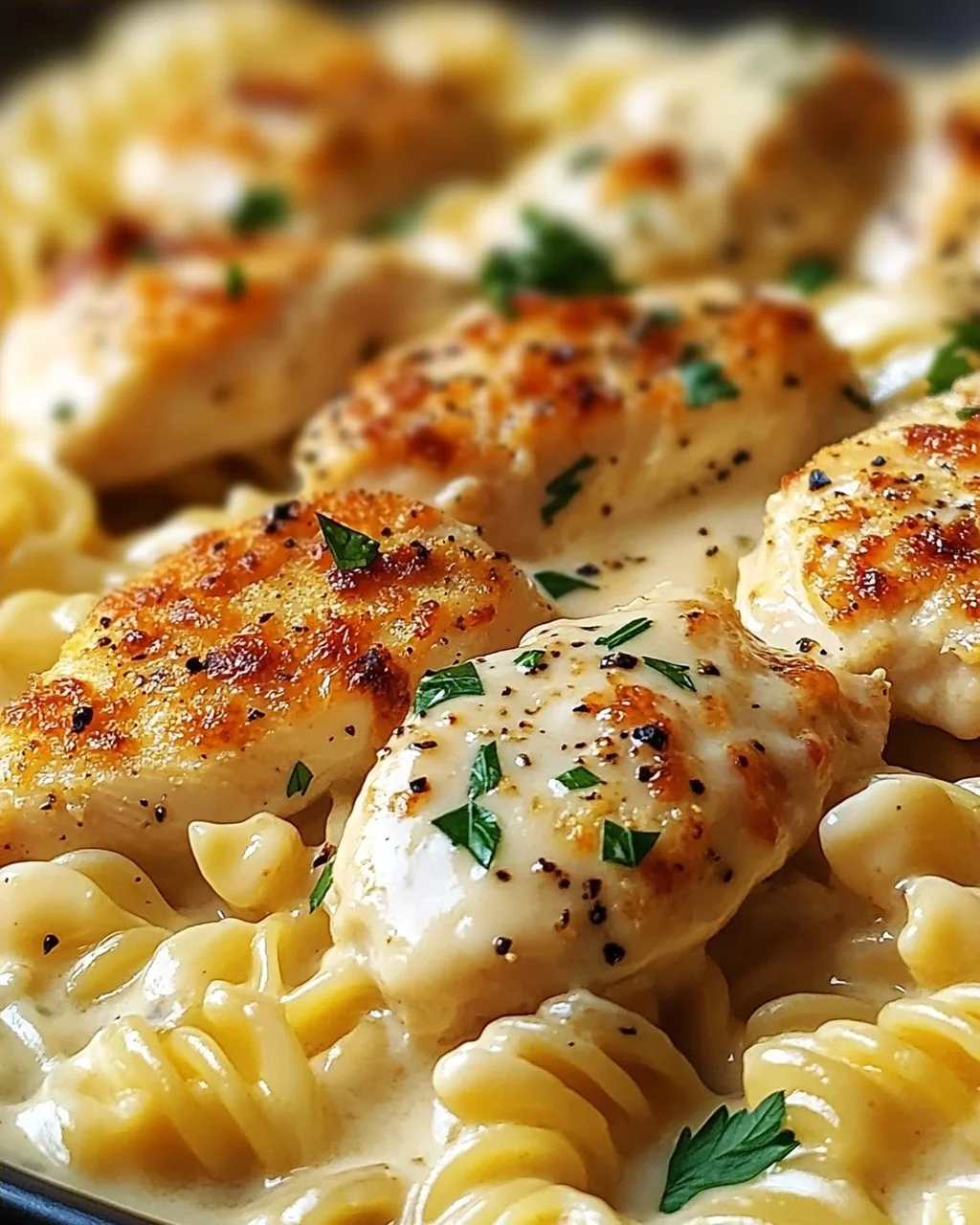 Cremiges Knoblauch-Parmesan Hähnchen & Käse-Twist Pasta