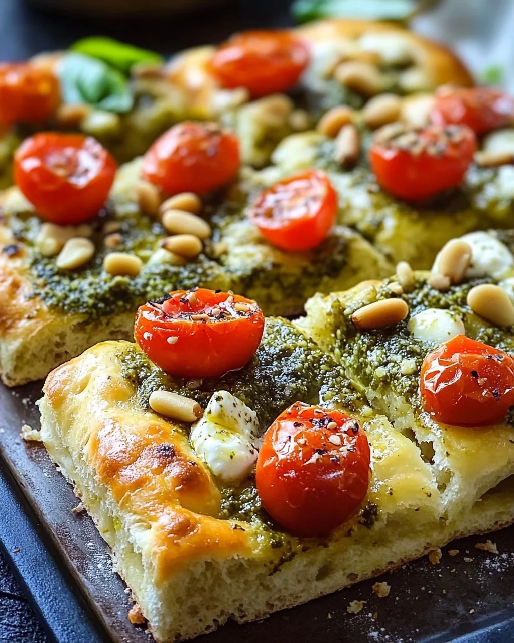 Die beste Focaccia mit Pesto und Tomaten