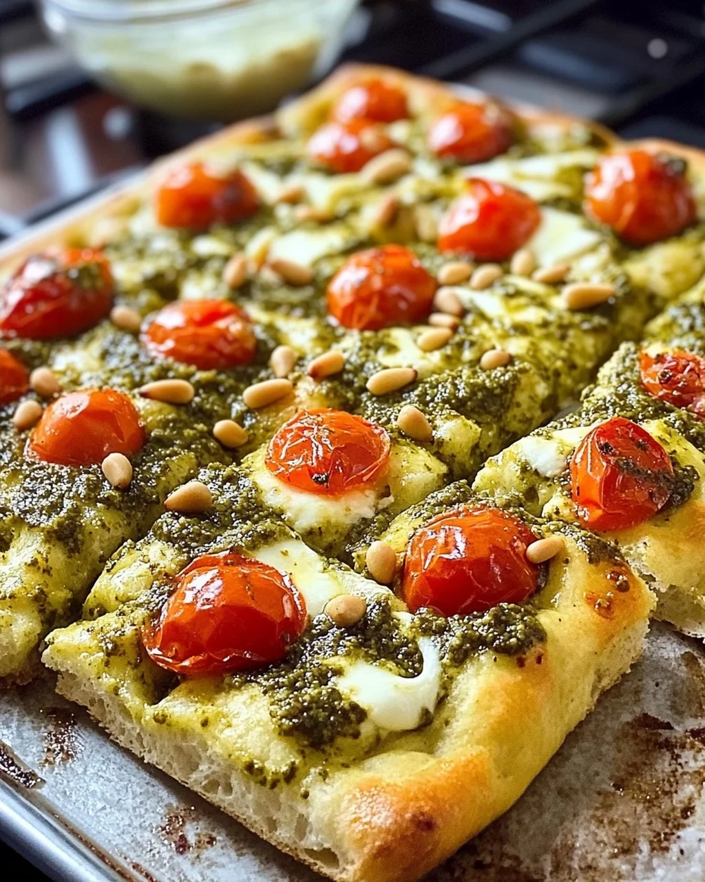 Die beste Focaccia mit Pesto und Tomaten