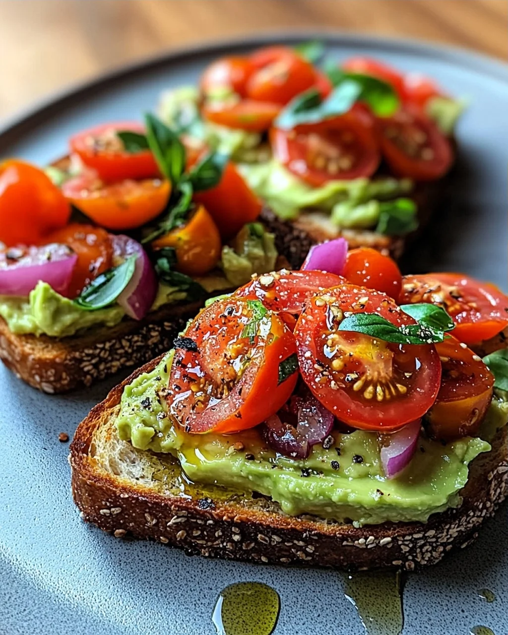 Geröstetes Brot mit Avocadobutter und Tomatensalat