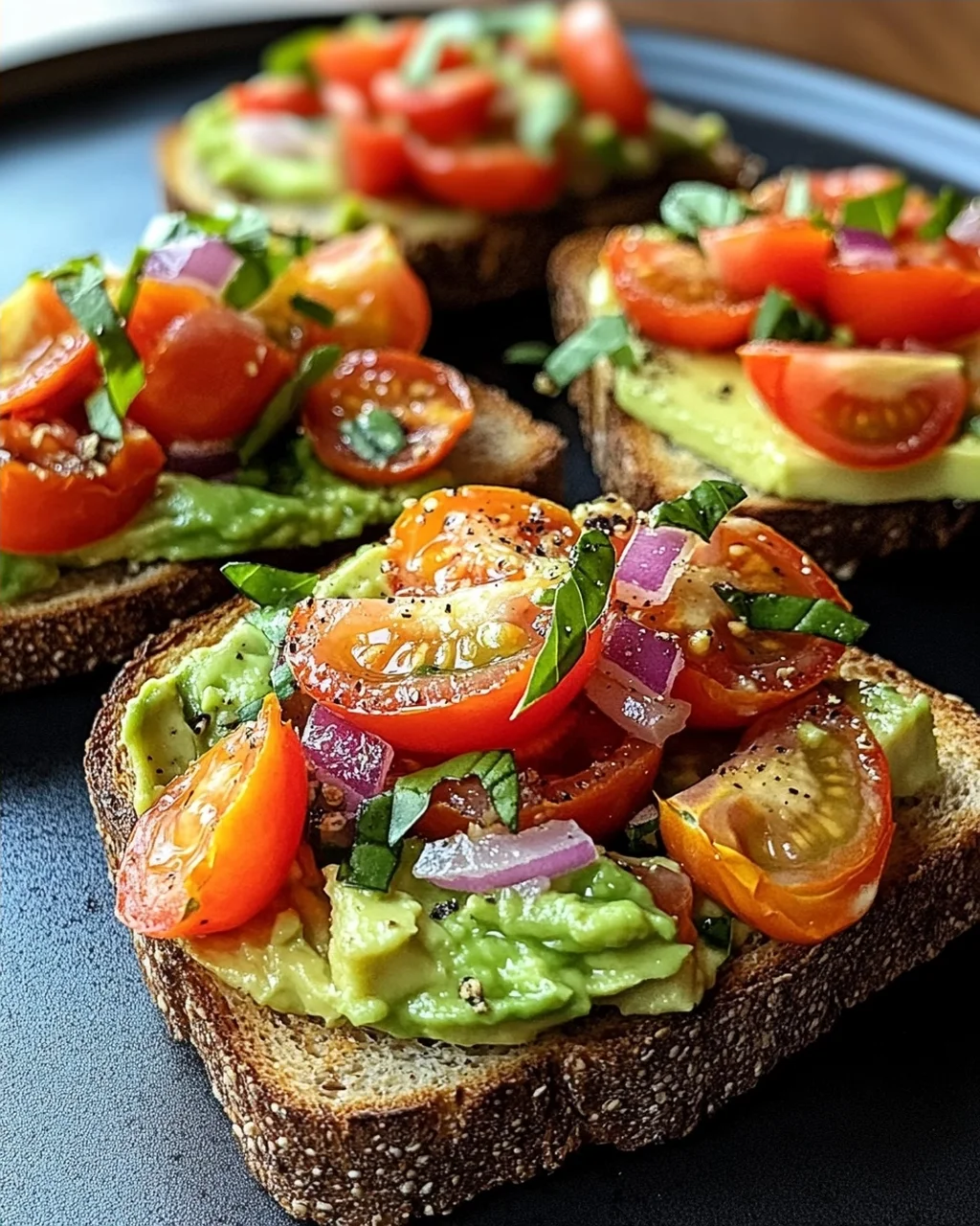 Geröstetes Brot mit Avocadobutter und Tomatensalat