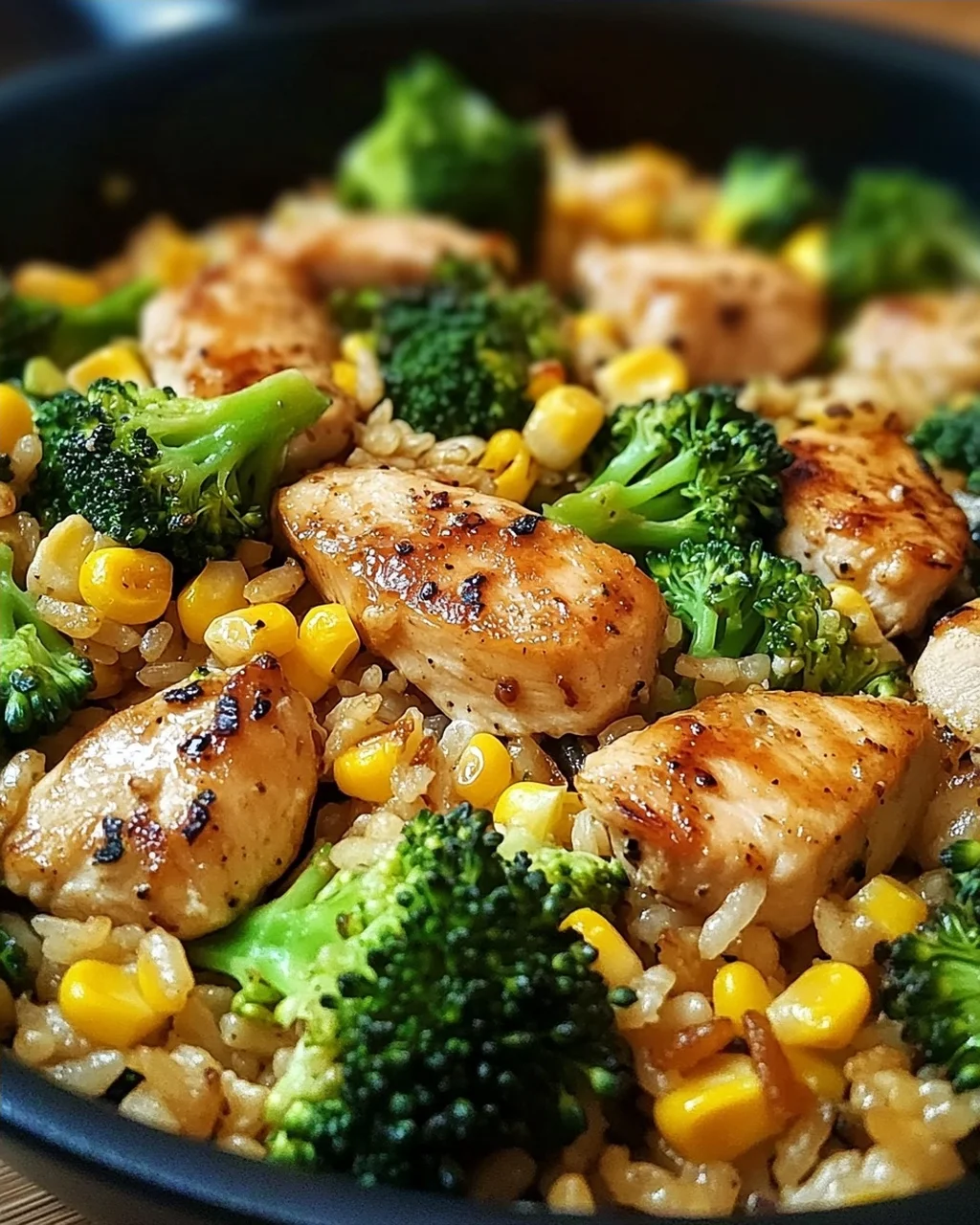 Hähnchen-Reis-Pfanne mit Brokkoli und Mais