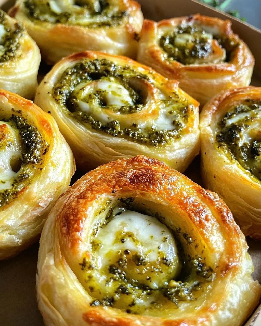 Knusprige Blätterteig-Pizzaschnecken mit Pesto und Mozzarella