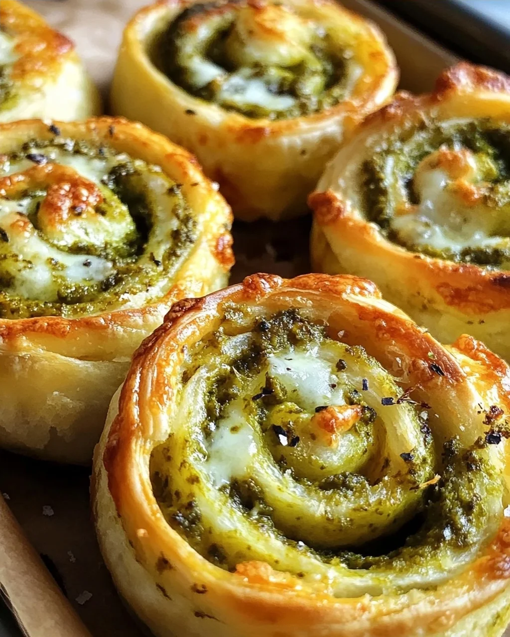 Knusprige Blätterteig-Pizzaschnecken mit Pesto und Mozzarella