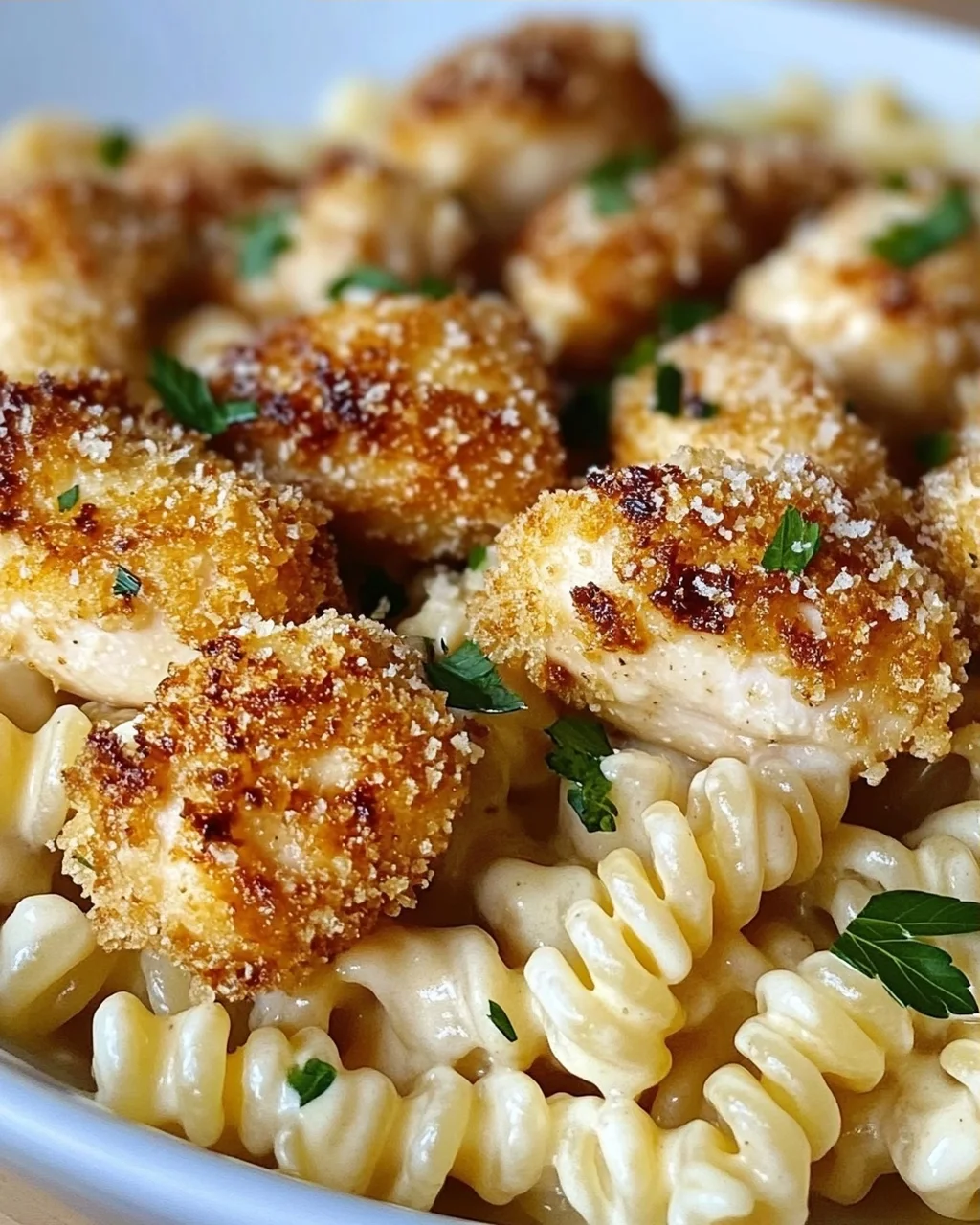 Leckere Knoblauch Parmesan Hähnchen Bites & cremige Rotini