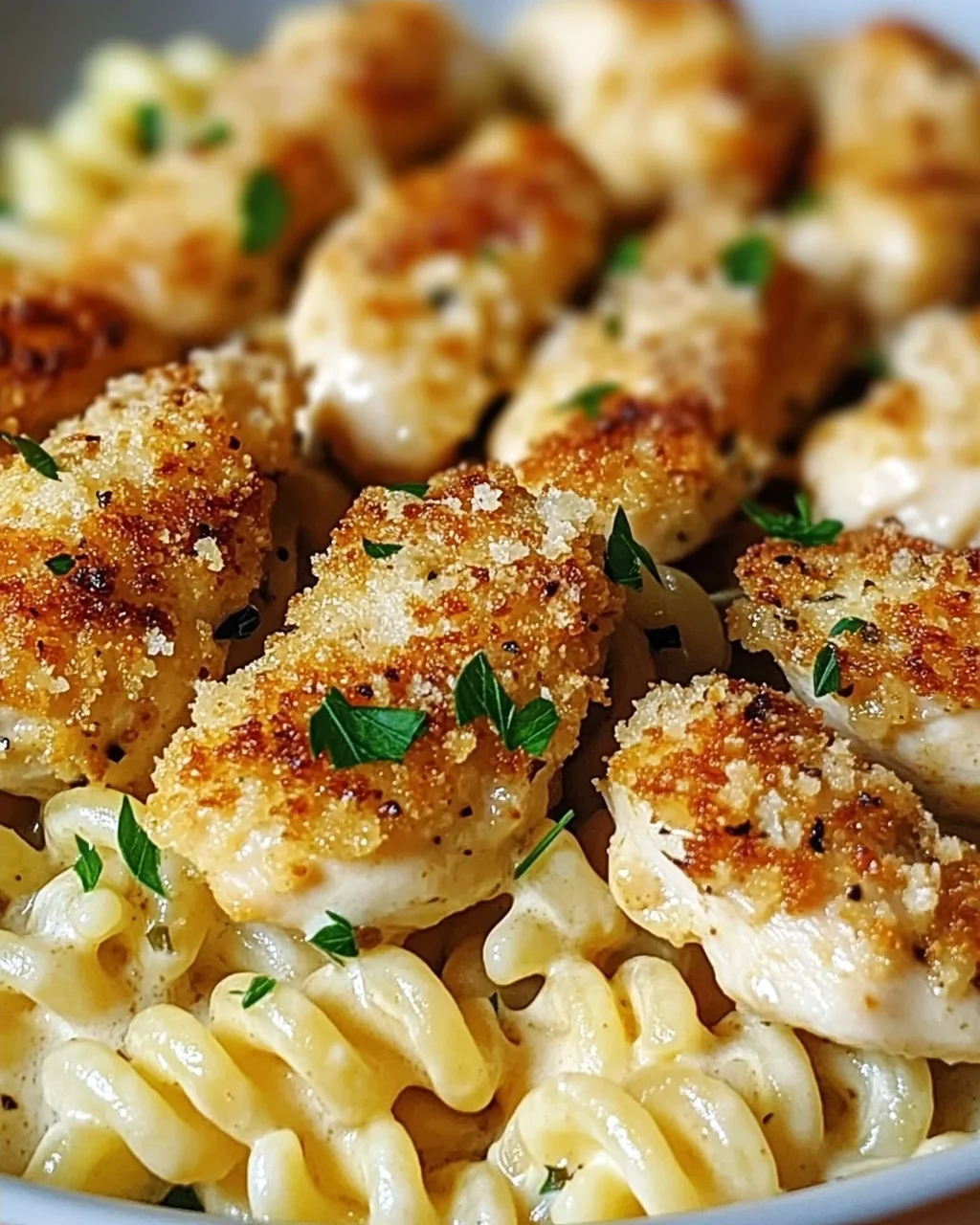 Leckere Knoblauch Parmesan Hähnchen Bites & cremige Rotini