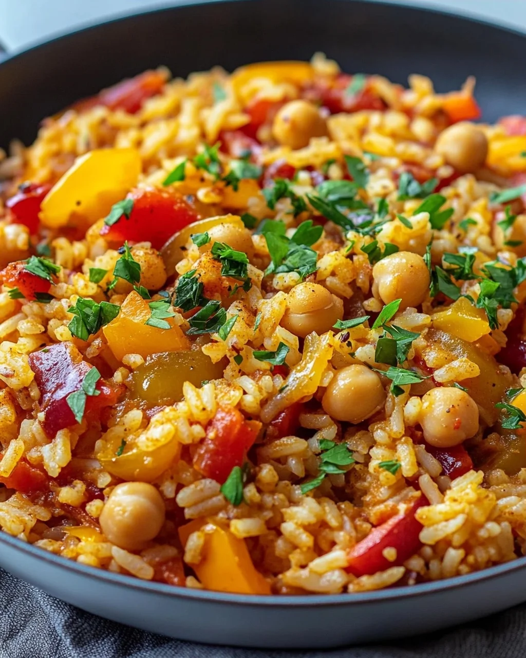 Leckere vegane Paprika Reis Pfanne mit Kichererbsen