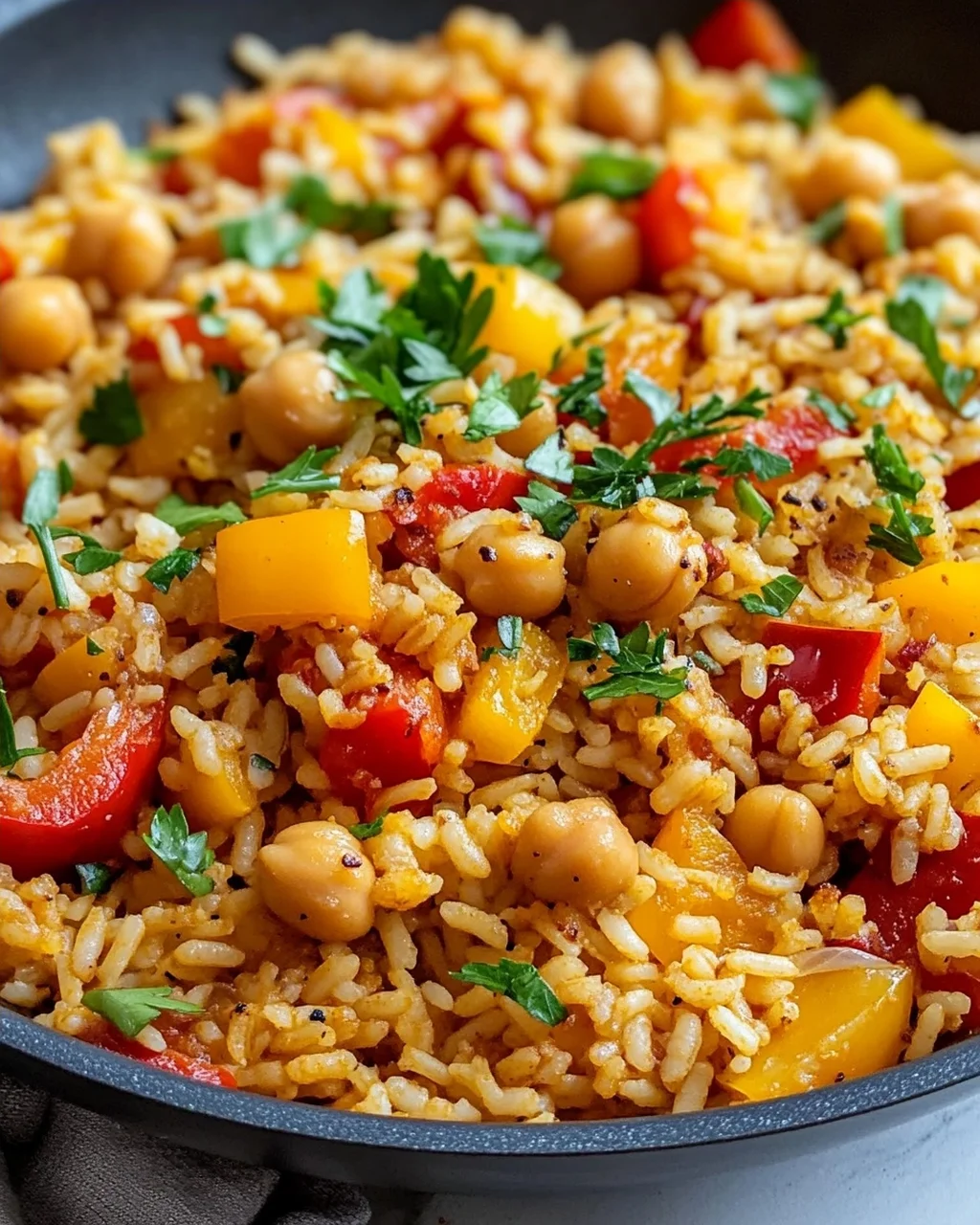 Leckere vegane Paprika Reis Pfanne mit Kichererbsen