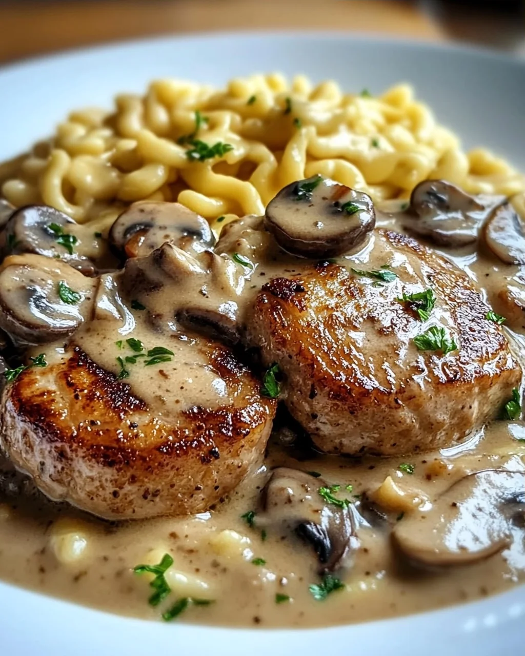 Medaillons in Champignon Rahmsoße mit Spätzle