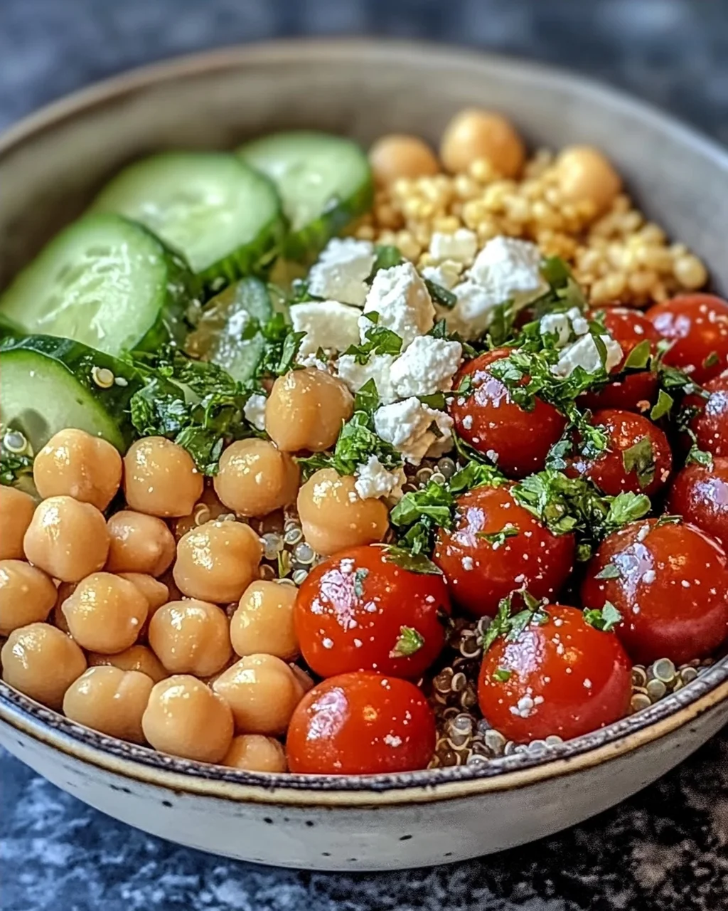 Mittelmeer Kichererbsen und Quinoa Kraftschüssel Spaß beim Kochen