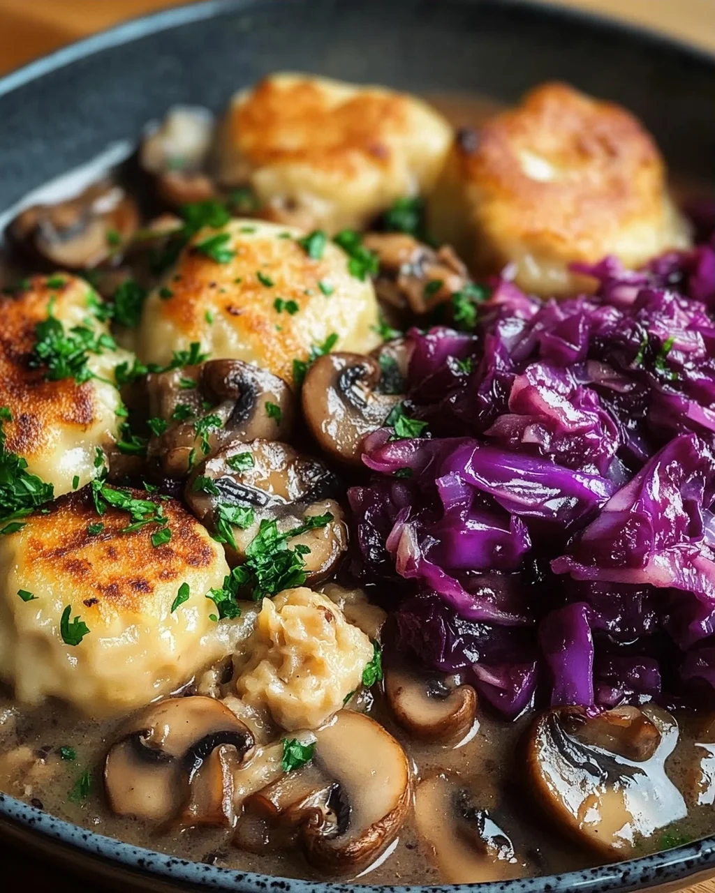 Pilz-Maronen Ragout mit Ofenknödeln und Rotkraut