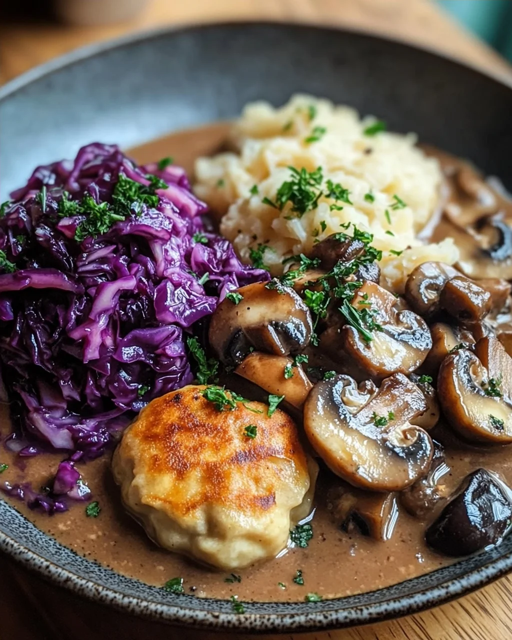 Pilz-Maronen Ragout mit Ofenknödeln und Rotkraut