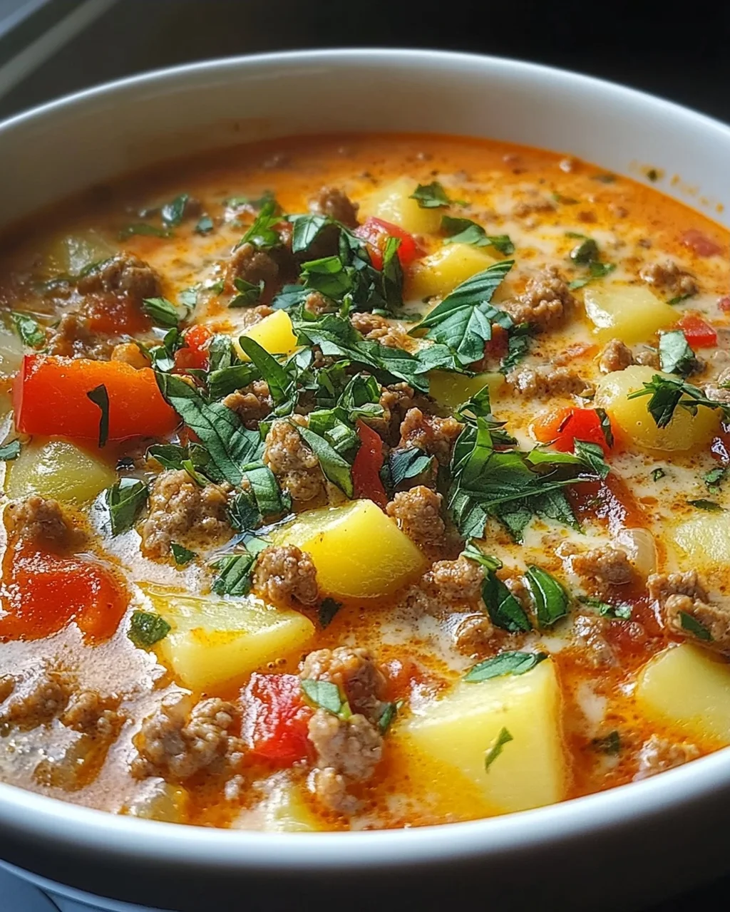 Pizzasuppe mit Hackfleisch und Kartoffeln im Slow Cooker