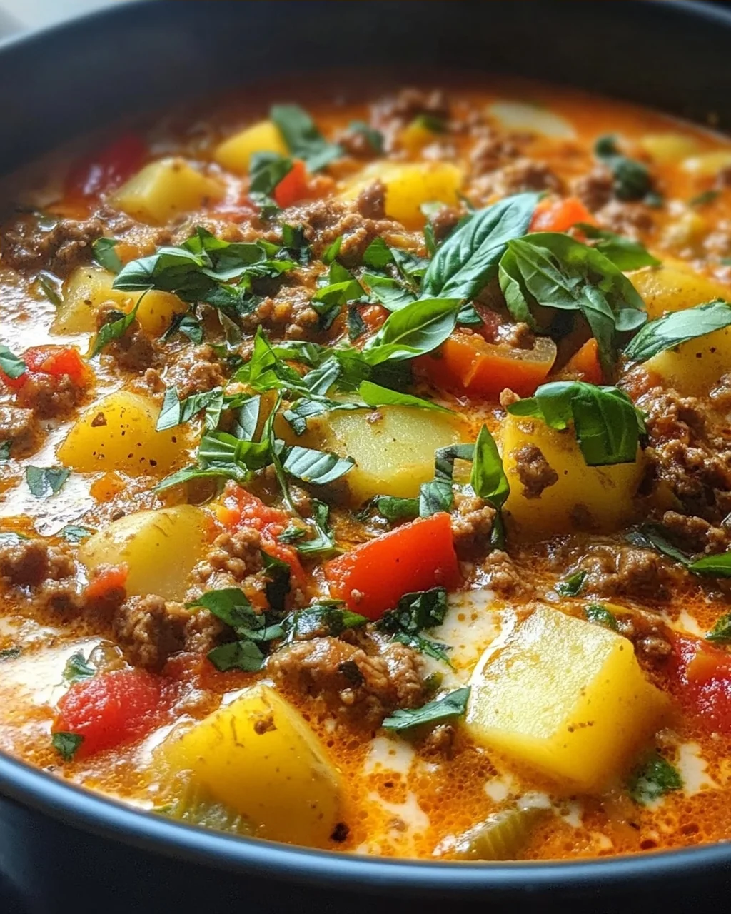 Pizzasuppe mit Hackfleisch und Kartoffeln im Slow Cooker